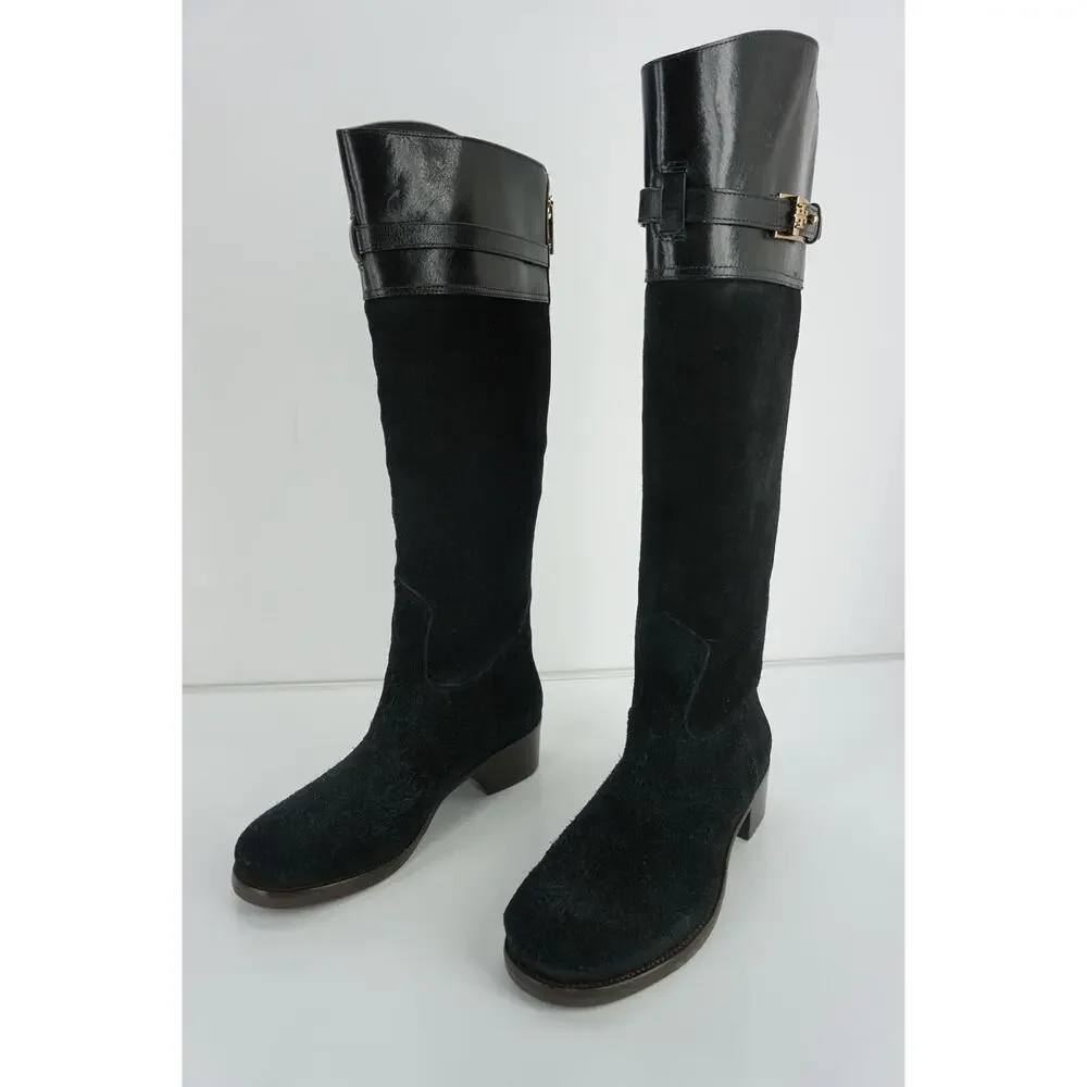 Tory Burch Black Suede Jenna Logo Tall Knee Riding Boots New